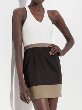 JAY GODFREY Womens Tommasino Beige Black Colorblock Racerback Dress - Size 4
